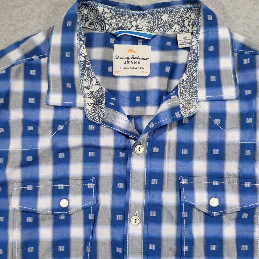 Tommy Bahama‎ Mens Large Blue Plaid Short Sleeve Shirt Pearl Snap Pockets